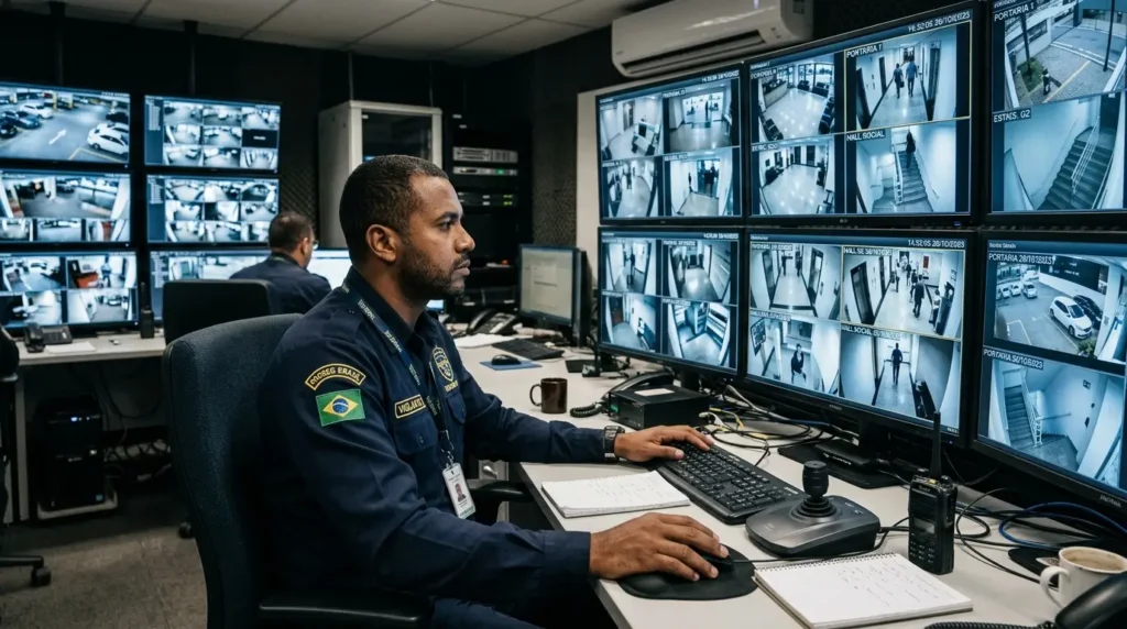 Vigilante monitorando sistema de segurança em ambiente profissional